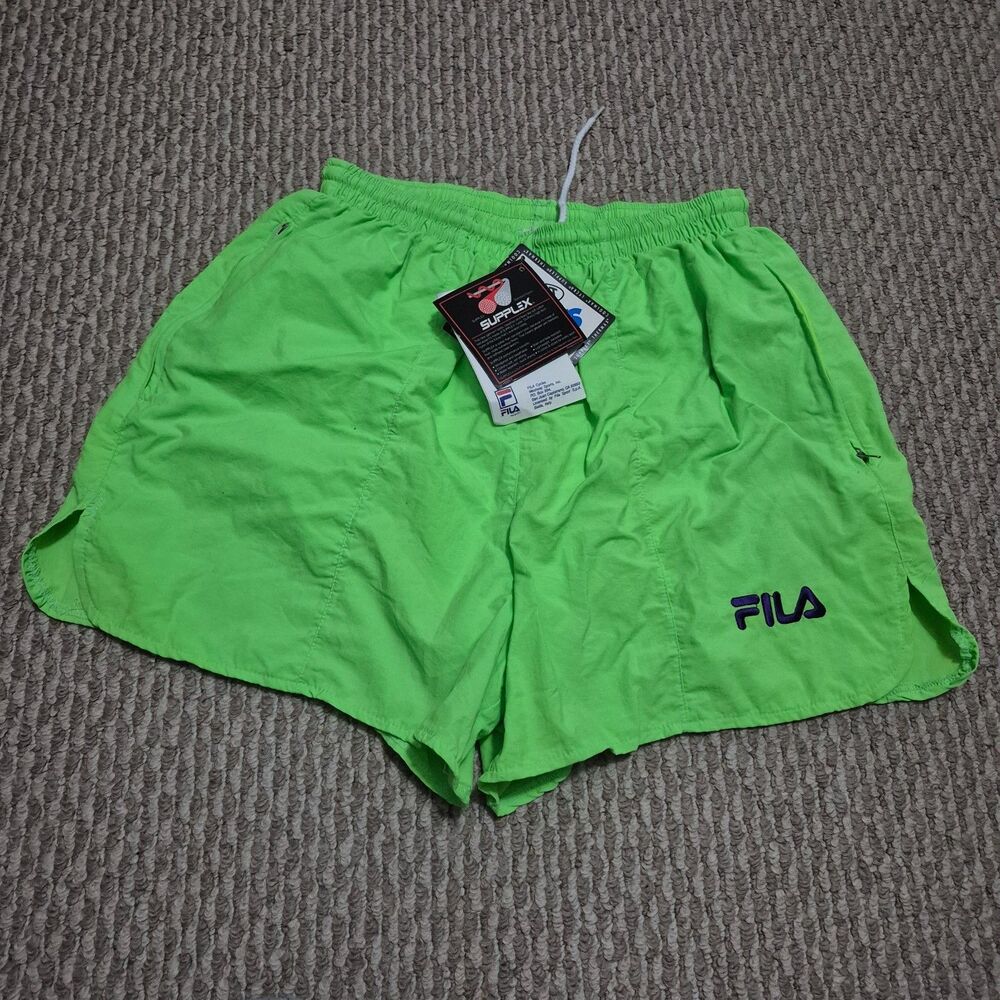 Deadstock Vintage 90s Fila Mens XL Spell Out Lined Above Knee Shorts
